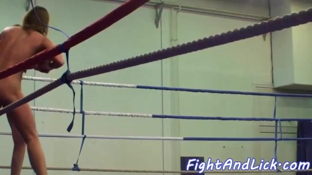 Lezzies wrestling in a boxing ring